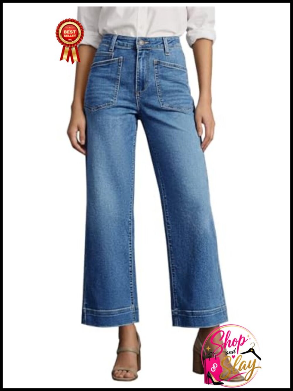 High Waisted Cropped Wide Leg Jeans Frayed Ankle Denim Pants